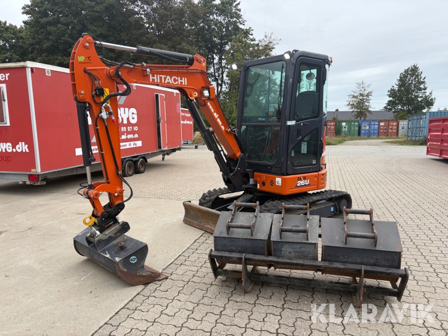 Gravemaskine Hitachi Zaxis 26U med centralsmørring, tiltman og skovlpakke
