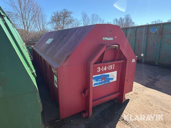 Lukket container med skydelåger og mekanisk bagklap