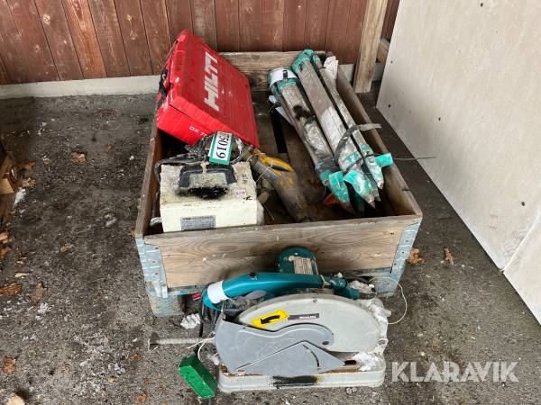 Lot stensav, skudpistol, frekvensomformer og øvrigt 1 palle