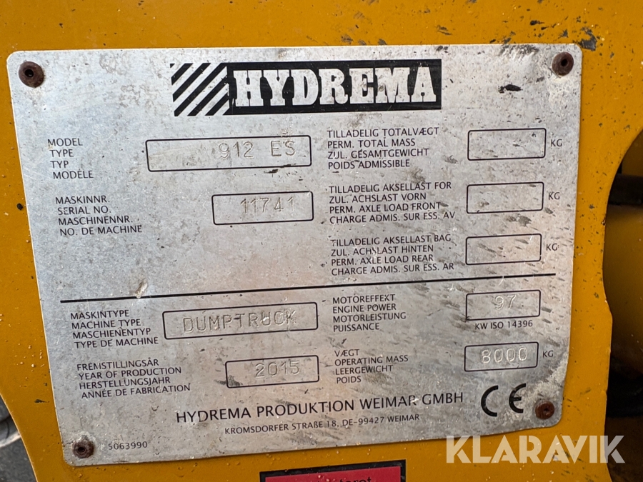 Dumper Hydrema 912ES 10 tons dumper