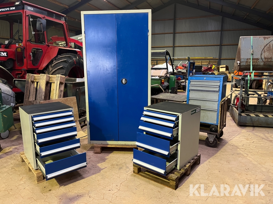 Værkstedsskuffer og skab 2 skuffer, 1 skab, 2 vogne