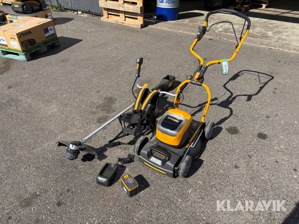 Haveredskaber Stiga plæneklipper, græstrimmer med batteri og lader