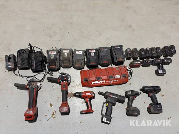 Stort parti akkuværktøj – Wurth & Hilti – Slagnøgler, boremaskiner, vinkelslibere, batterier & ladere Hilti, Wurth
