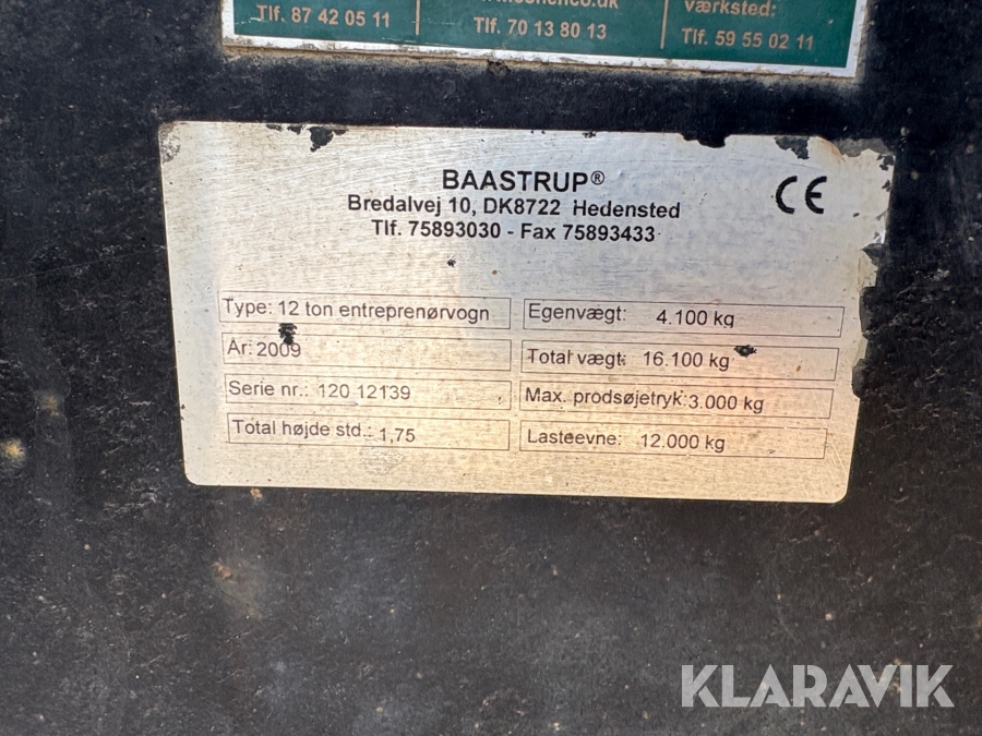 Entreprenørvogn Baastrup 12 Tons med 3 vejs tip.