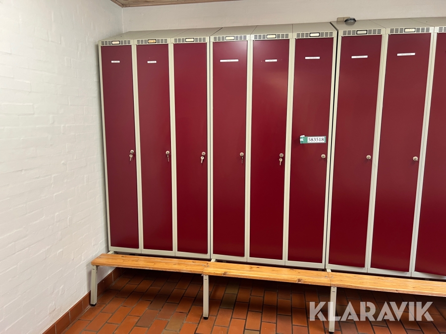 Omklædningsskabe med bænk og stativ 13 styk 