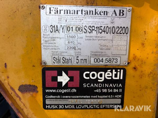 Tank Färmartanken 1500 Liter, Aalborg, Klaravik auktioner