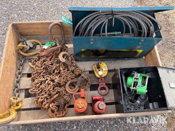 Kædetalje trifortalje kædeslængder pladeklo og donkrafte samlet lot