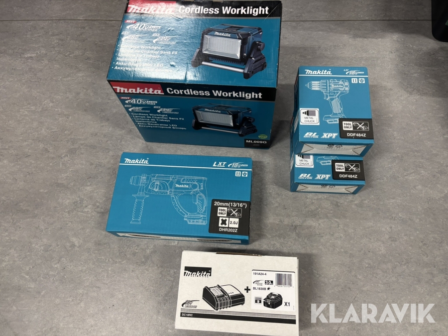Parti Makita akku 3 maskiner + 1 lampe + 1 lader + 1 batteri
