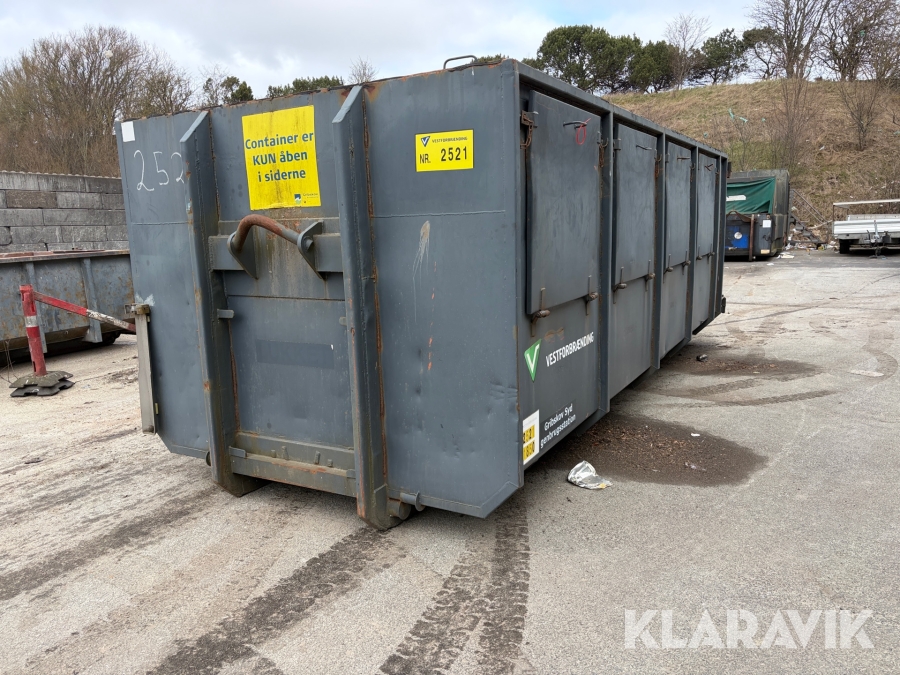 Lukket stålcontainer med sidehængte låger og løftebeslag