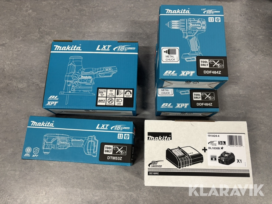Parti Makita 4 akku maskiner og 1 lader med batteri