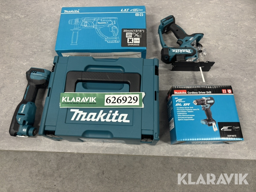 Parti Makita 5 akku maskiner 2 batterier og 1 lader