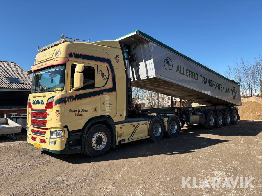 Lastbil Scania R650 trækker med Kel-Berg tiptrailer Scania R650