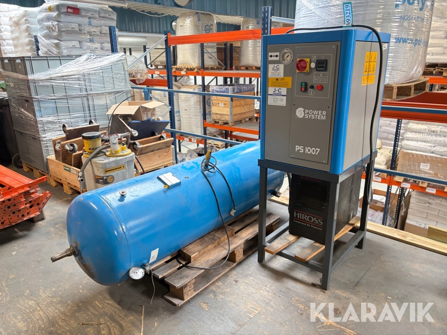 Skruekompressor Power System PS 1007 med lufttank og luftrenser