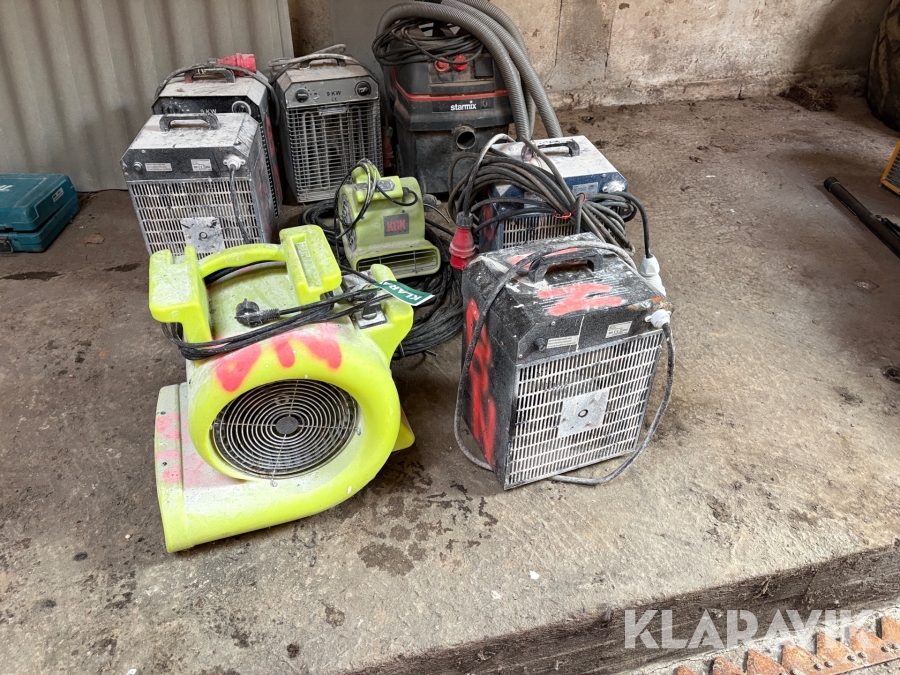 Blandet lot varmeblæsere 7 styk, palleløfter og industristøvsuger