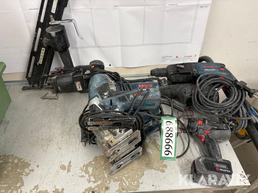 Håndværktøj Bosch Würth blandet lot 6 stiksav 1 skruemaskine 2 borehamre 1 luftsømpistol